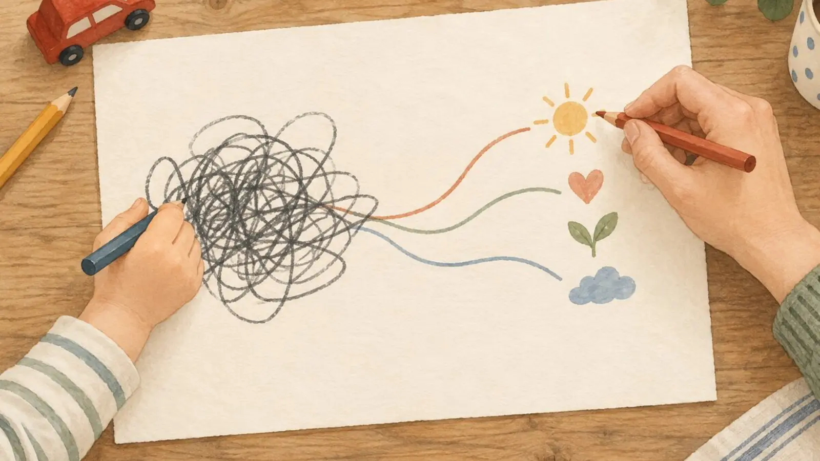 Un enfant et un adulte transforment un gribouillis en dessin sur une feuille.