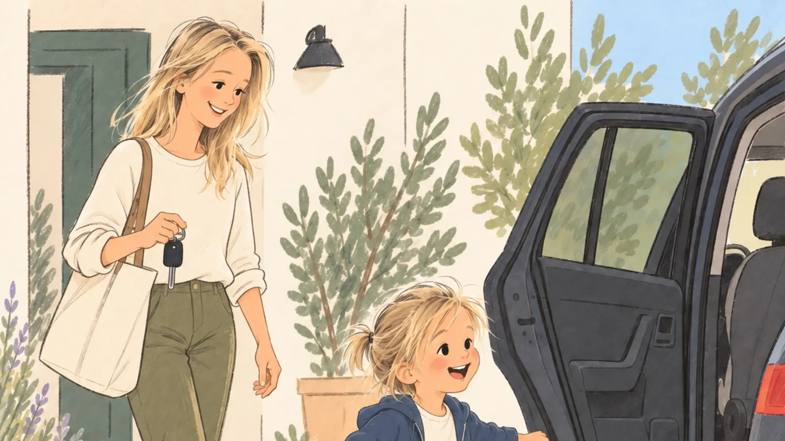 Une mère et son fils avancent vers une voiture, l’enfant tenant un dinosaure et faisant un grand pas.