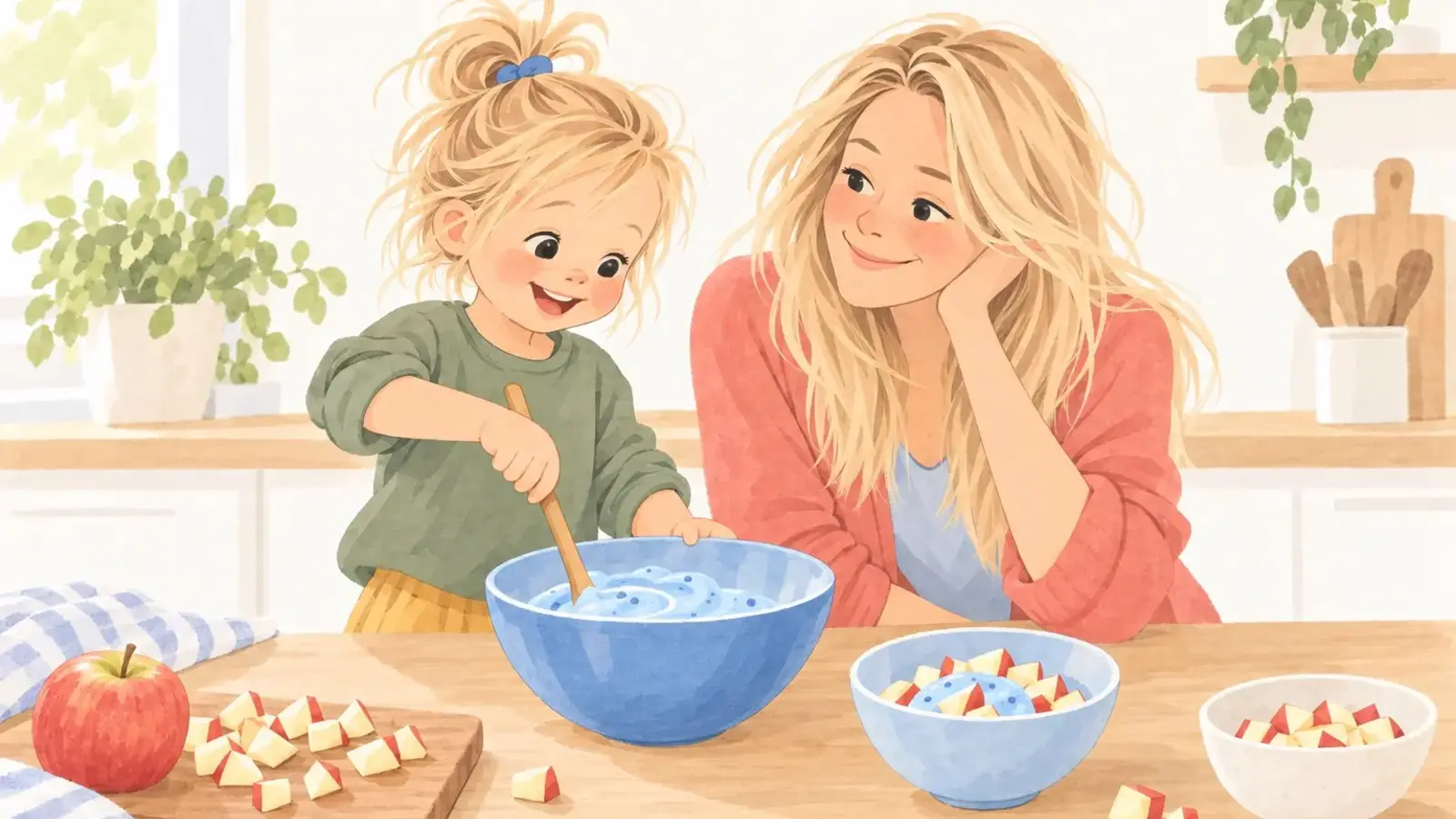Une mère et son petit garçon préparent une glace bleue maison avec du yaourt et une pomme.