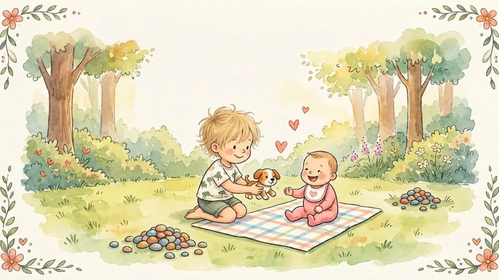 Un grand frère joue avec un chien en peluche devant sa petite sœur dans un jardin.
