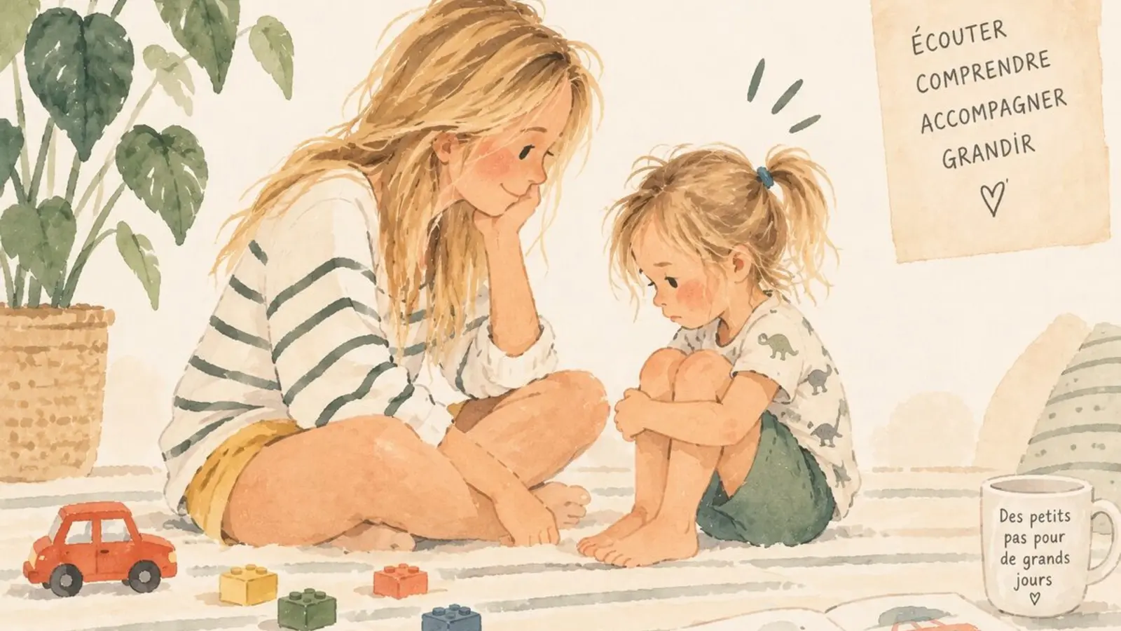 Une mère assise auprès de son enfant triste, dans une illustration à l’aquarelle.