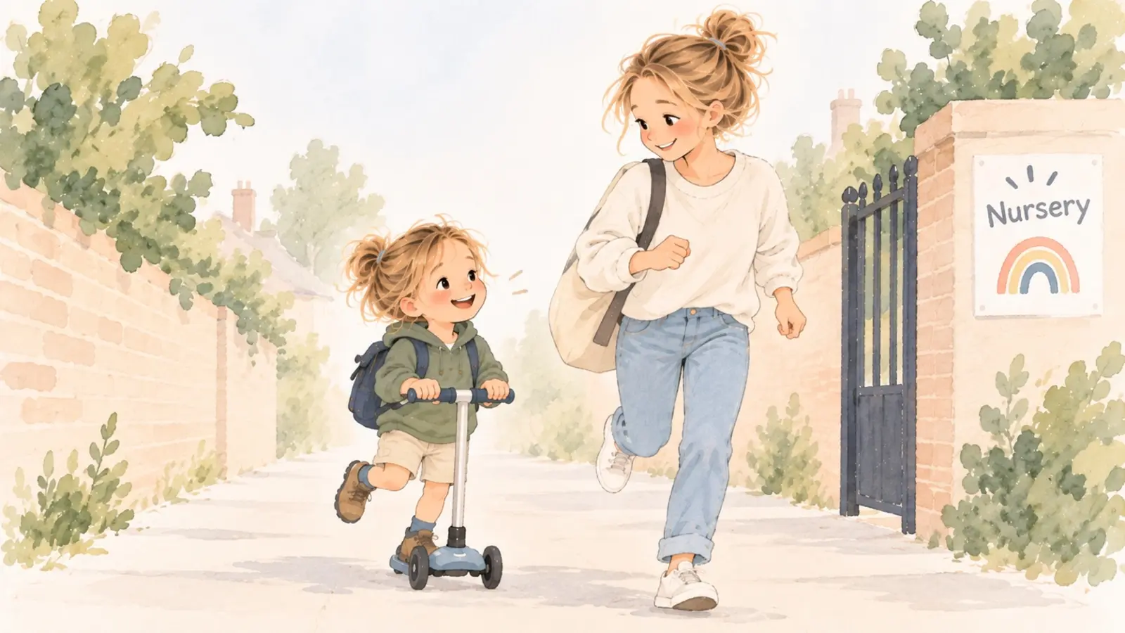 Marie court à côté de Gabriel sur sa trottinette en arrivant devant la crèche.