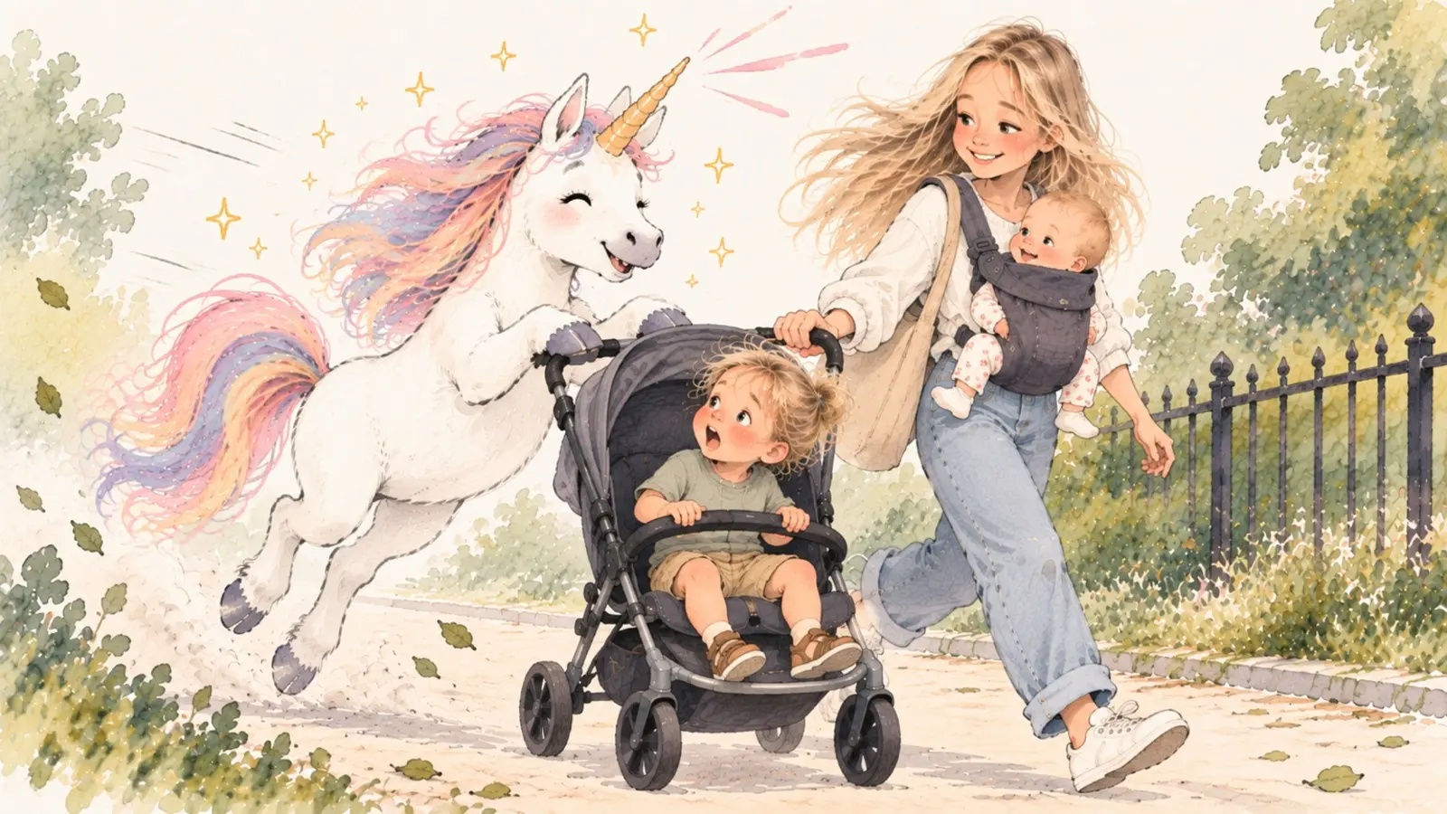 Marie pousse la poussette de Gabriel aux côtés d’une licorne imaginaire, avec Angelina dans le porte-bébé.