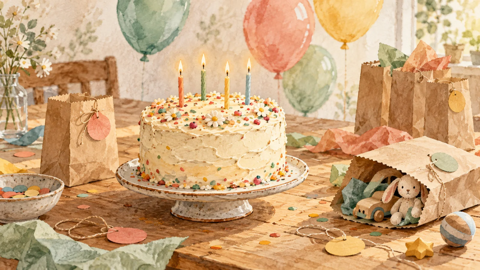 Un gâteau maison avec quatre bougies, des ballons et des pochettes surprises encore ouvertes sur une table.