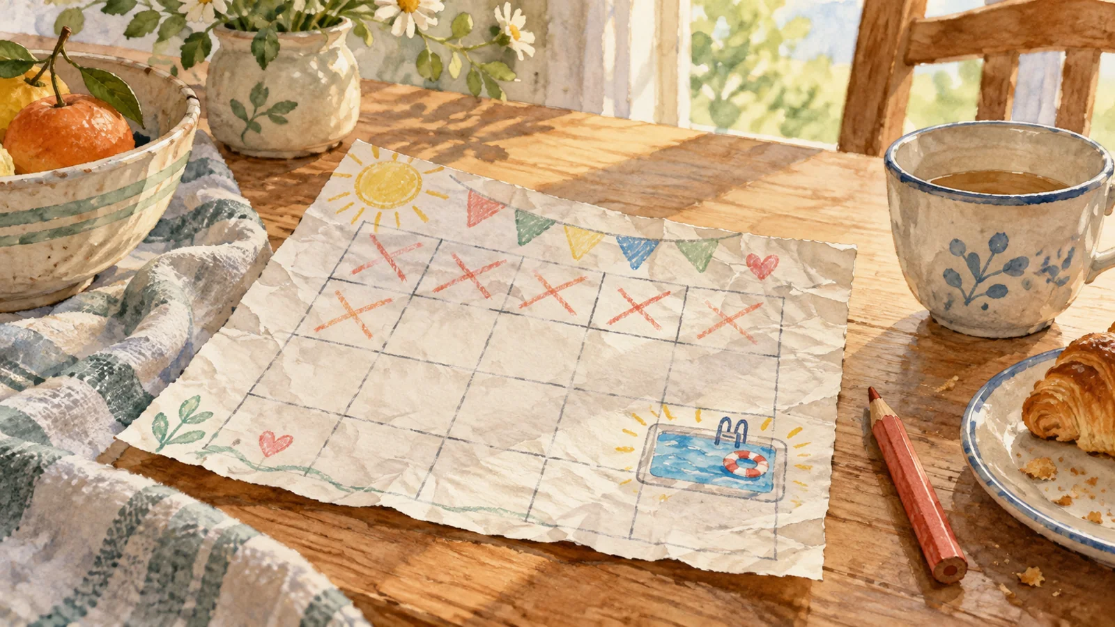 Un calendario casero con casillas tachadas y un dibujo de una piscina, junto a un lápiz sobre la mesa.