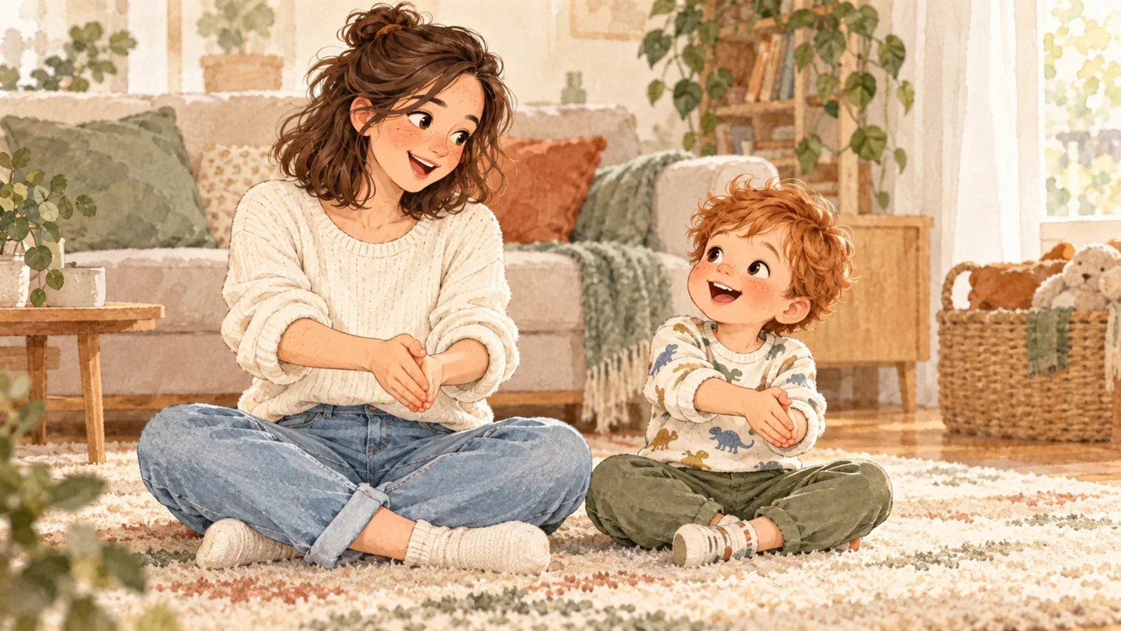 Camille et Malo chantent ensemble une comptine en faisant des gestes de petit bateau avec leurs mains.