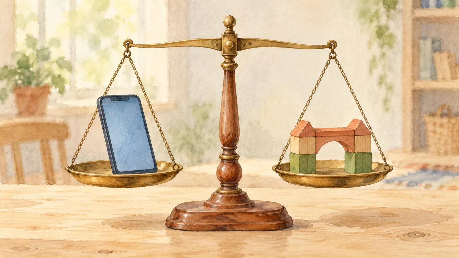 A two-pan balance scale with a phone on the left and a small wooden block bridge on the right.