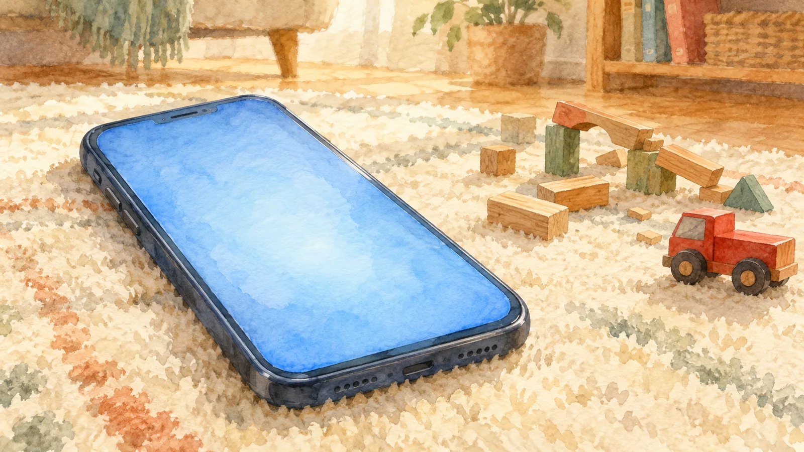 A prominent phone in the foreground with a few wooden blocks and a small red toy truck to the side.