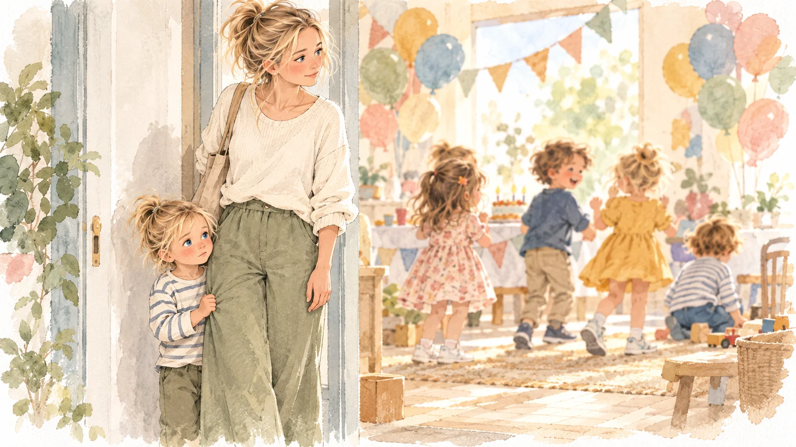 Gabriel stays close to Marie at the entrance to a birthday party while other children play in the living room.