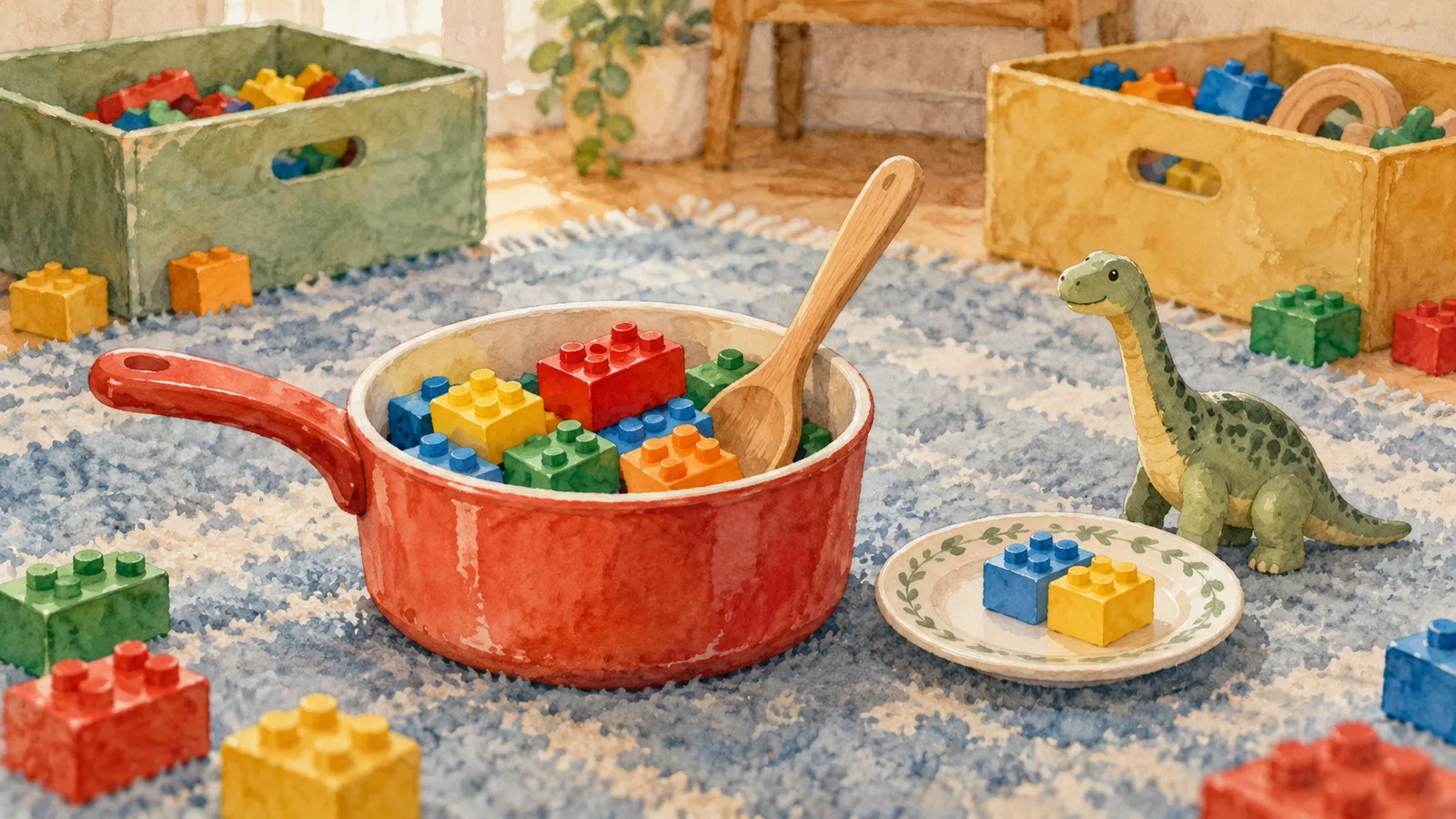 Una cazuela de juguete llena de bloques grandes de colores, una cuchara de madera y un dinosaurio delante de un plato, junto a cajas abiertas sobre una alfombra.