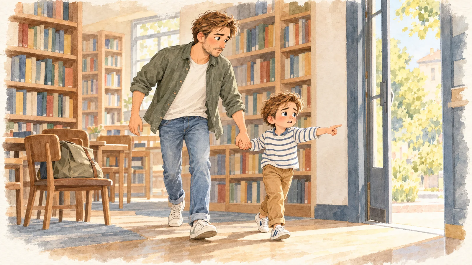 En una biblioteca, Oscar señala una puerta abierta hacia el exterior mientras da la mano a Julien, que lo acompaña con atención.
