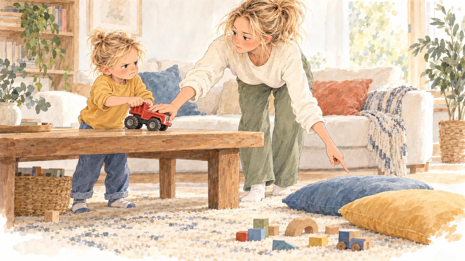 Marie gently stops the red toy truck on the coffee table and points to the rug while Gabriel looks frustrated.