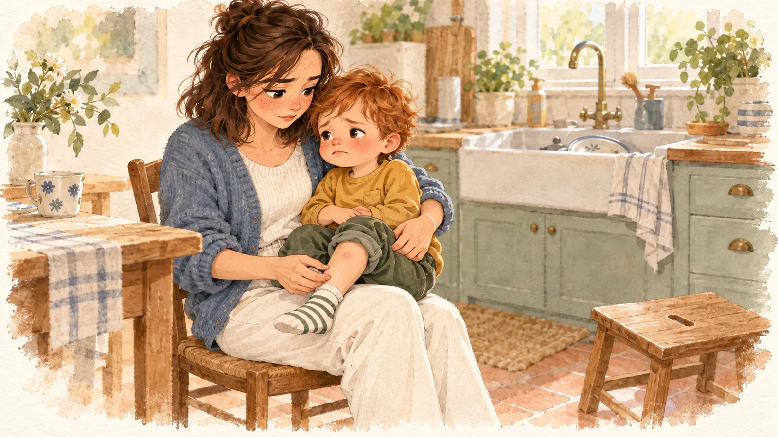 Camille holds Malo on her lap and looks at his shin after a small bump, in a kitchen with a little stool left out of place.