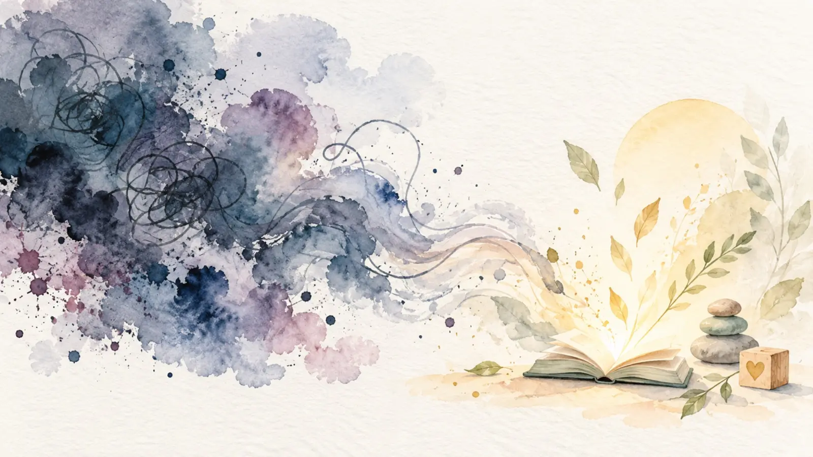 Illustration abstraite à l’aquarelle représentant le passage d’une tempête émotionnelle vers l’apaisement grâce à un livre.