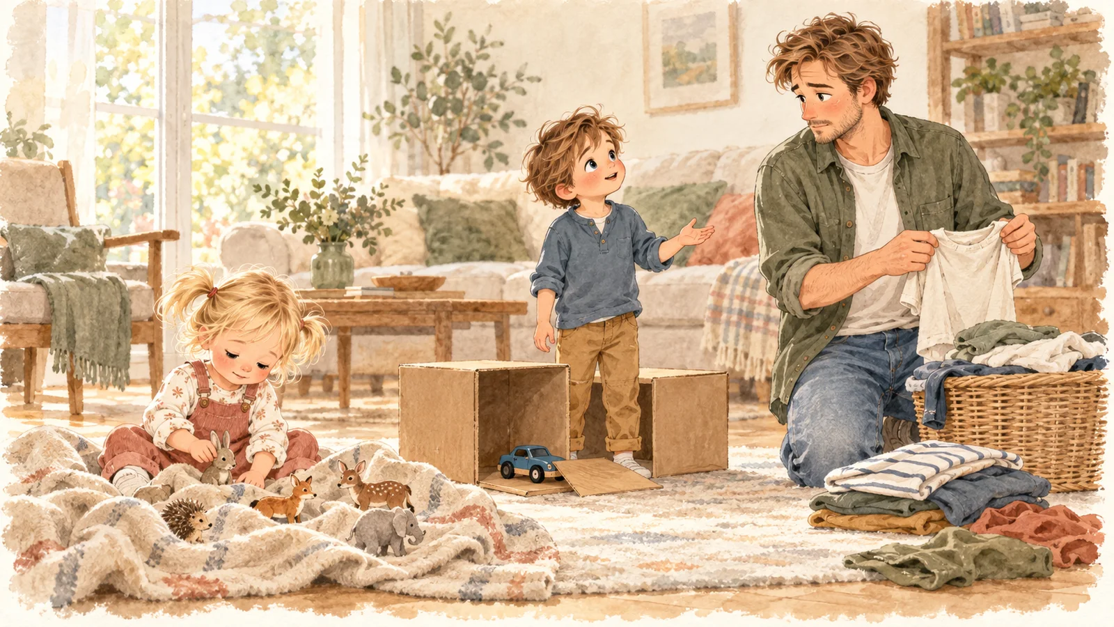Alice plays with animals on a blanket while Oscar asks for Julien’s attention as he folds a tee-shirt beside a cardboard garage.