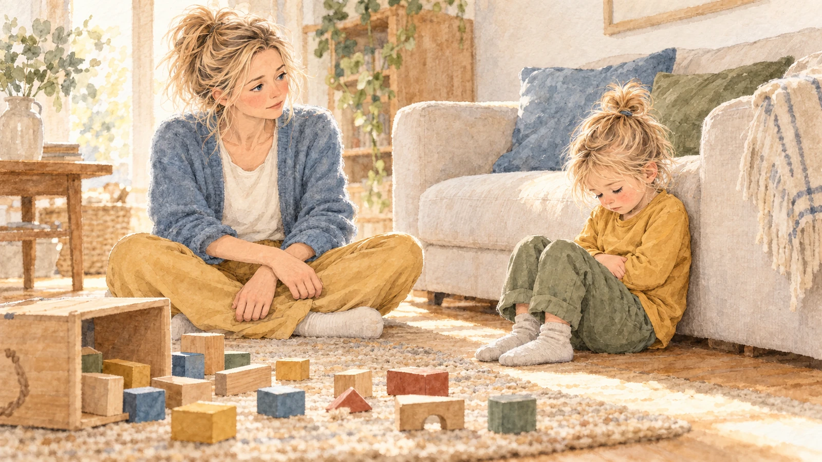 Marie attend près de Gabriel, qui baisse les yeux contre le canapé, à côté d’une boîte de cubes renversée.