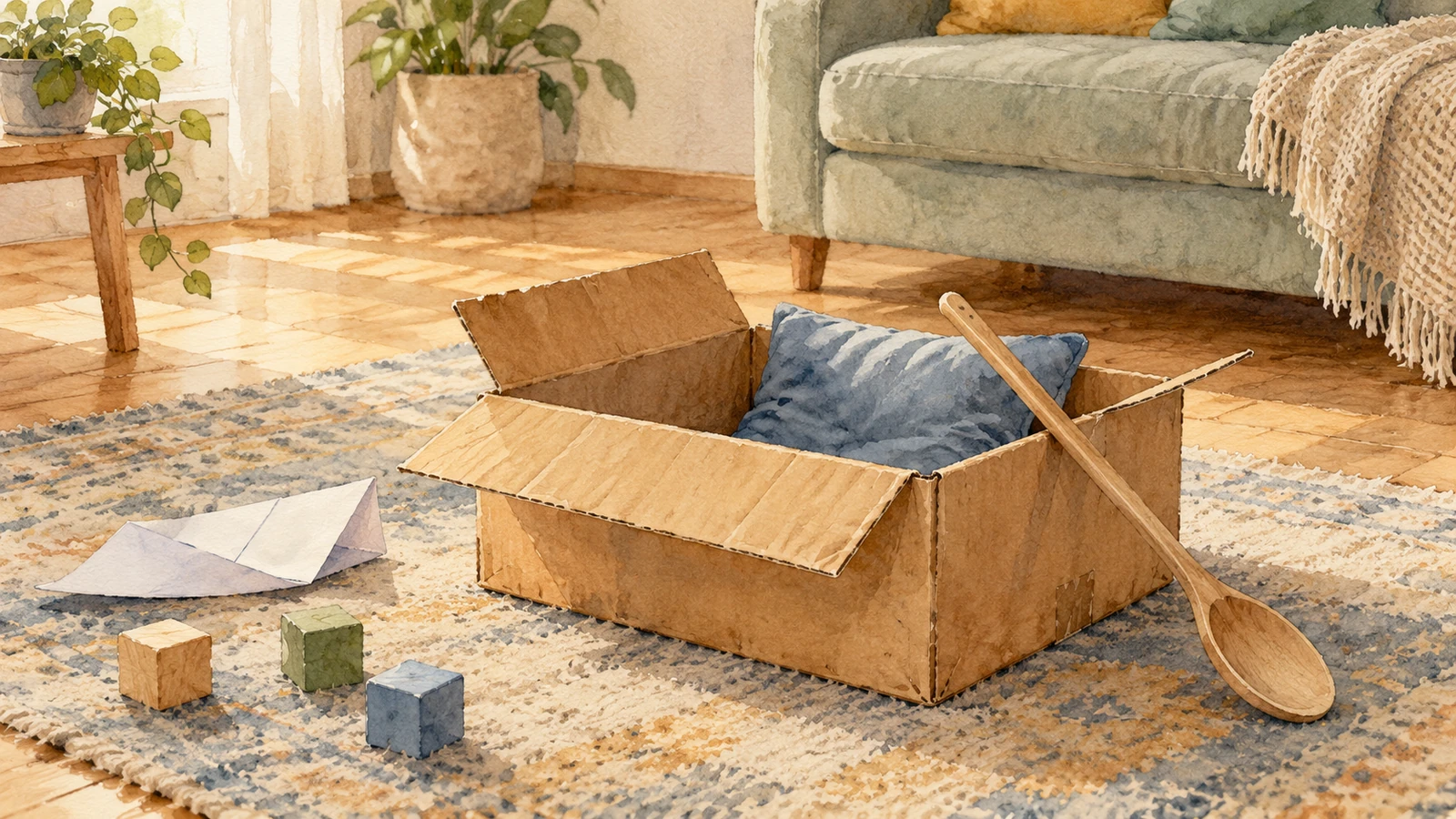 Un carton avec un coussin et une cuillère en bois devient un bateau improvisé sur le tapis.