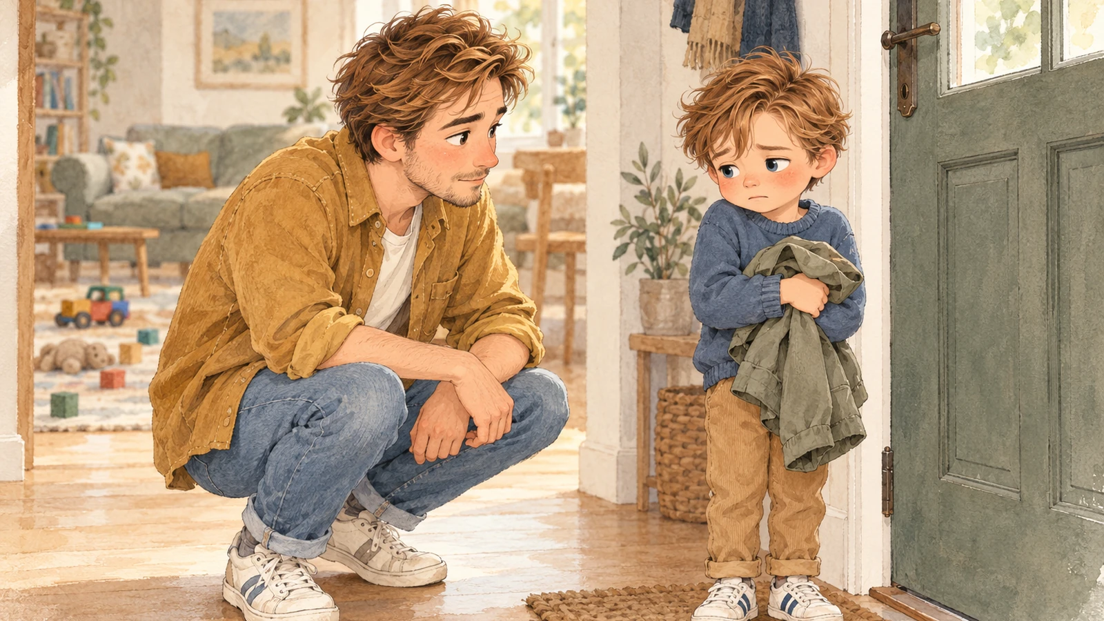 Oscar holds his jacket near the door while Julien crouches down to listen.