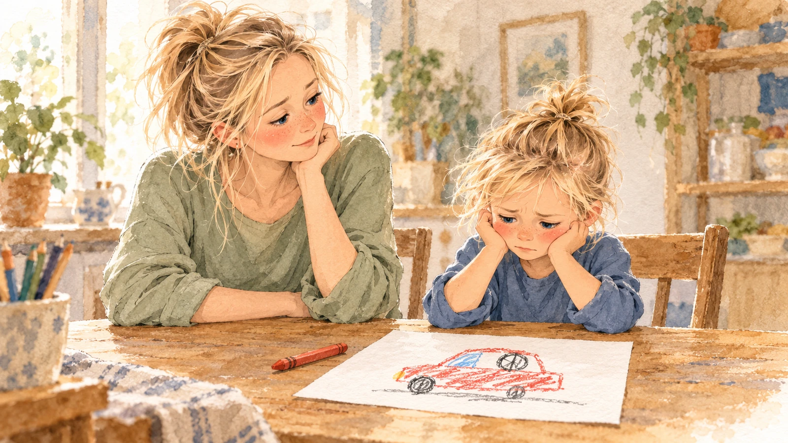 Gabriel mira desanimado su dibujo de un coche mientras Marie permanece atenta a su lado.
