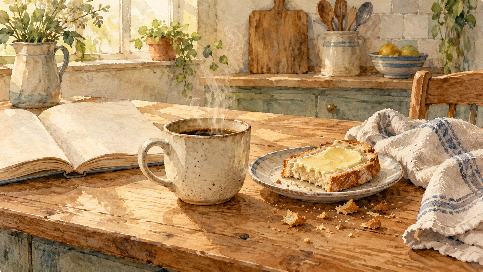 Steaming coffee, buttered bread and an open book on a kitchen table with a few crumbs.