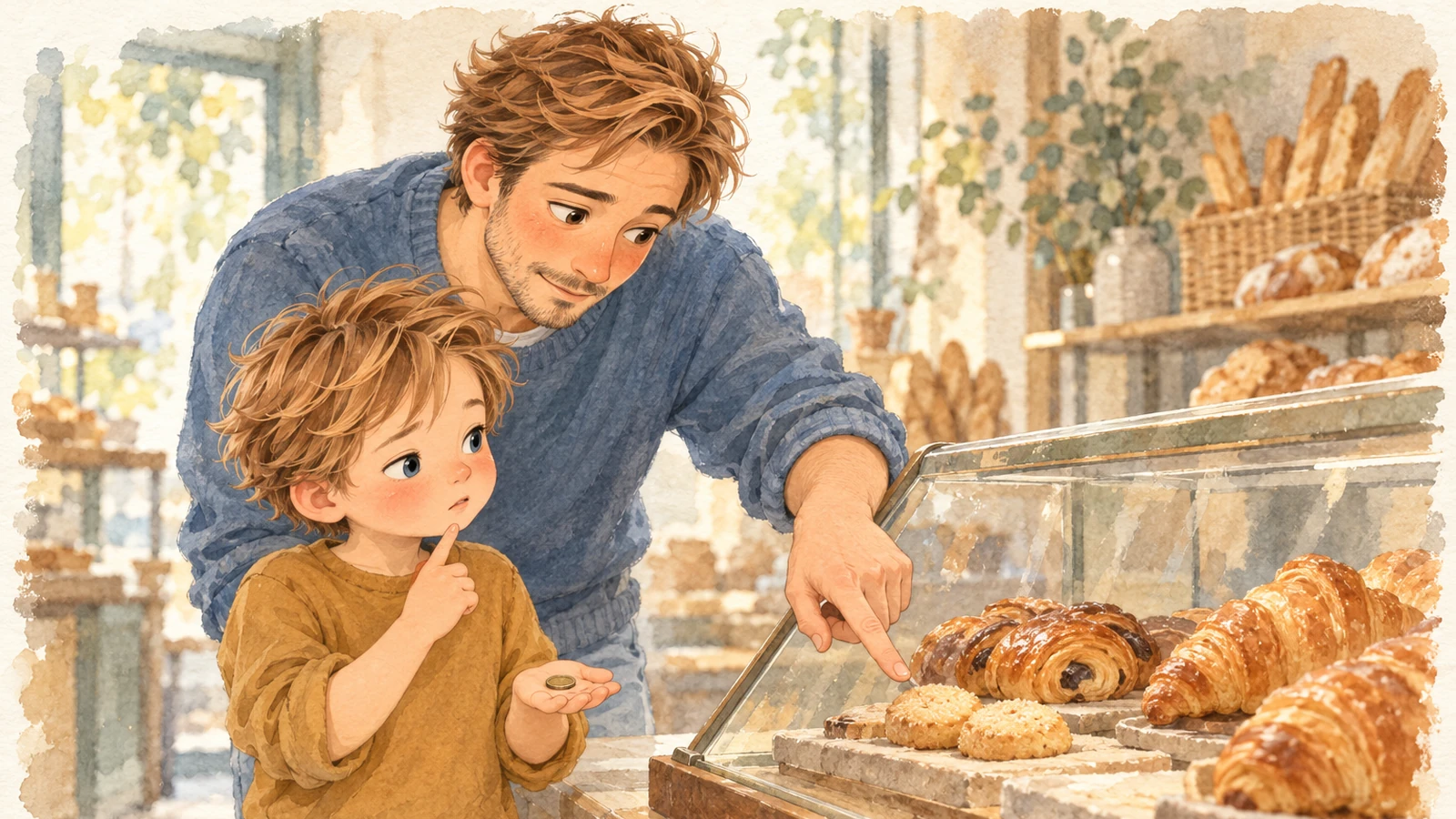 Oscar tient une pièce dans sa paume à la boulangerie, tandis que Julien lui montre un petit biscuit.