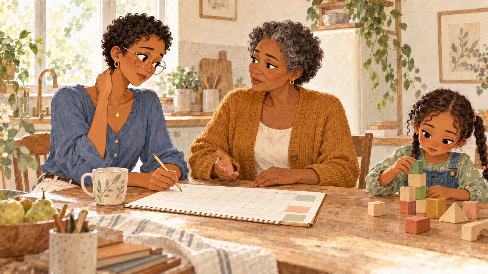 Élodie et sa mère discutent autour d’un calendrier familial tandis que Louise joue avec des cubes.