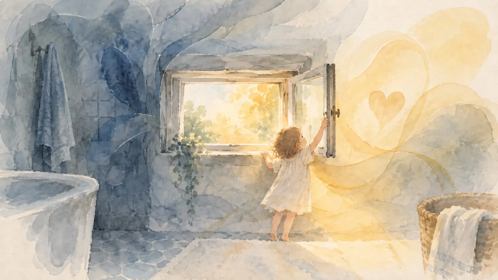 Illustration à l’aquarelle d’un petit enfant qui essaie d’atteindre une fenêtre ouverte dans une salle de bain lumineuse.