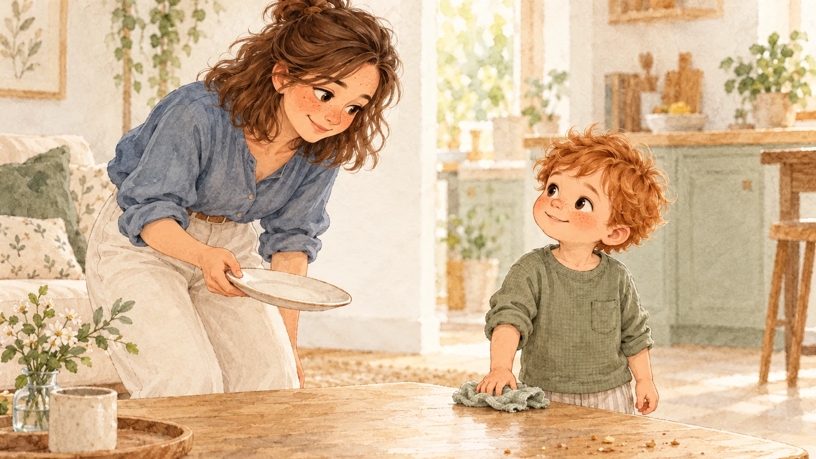 Malo pose son chiffon sur la table et regarde Camille, qui tient une assiette au-dessus de la place nettoyée.