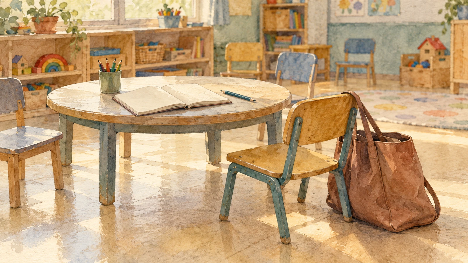 Un grand sac d’adulte près d’une petite chaise de maternelle, avec un carnet ouvert et un crayon sur la table.