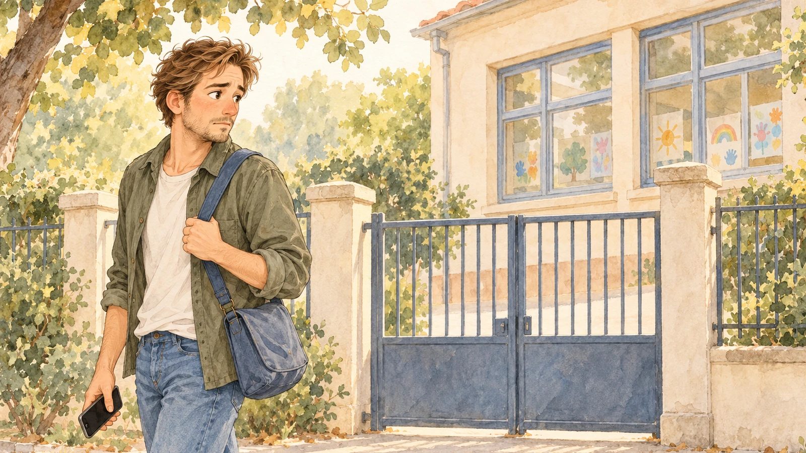 Julien regarde encore vers l’école depuis le portail fermé, son téléphone éteint à la main et son sac à l’épaule.