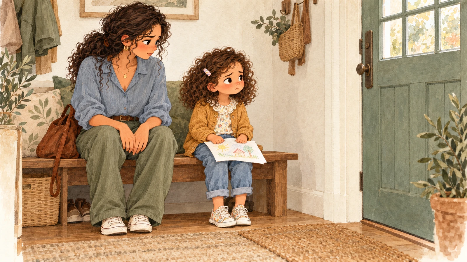 Iris reste triste sur le banc de l’entrée avec son dessin, tandis que Nora est assise près d’elle et l’écoute.