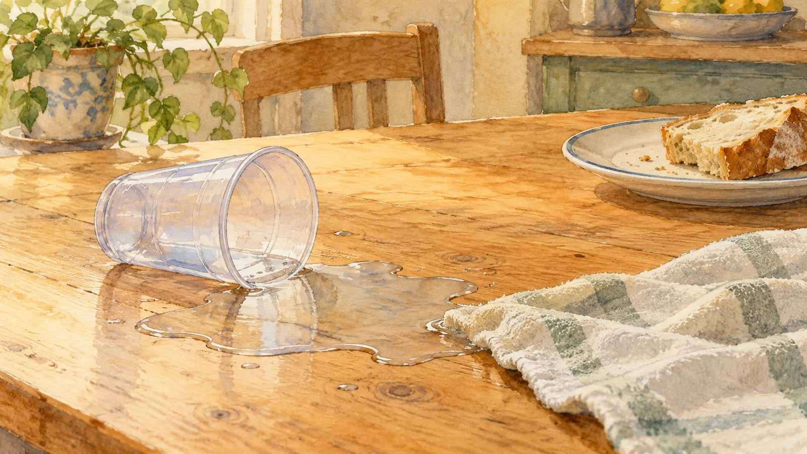 Un gobelet intact renversé dans une flaque d’eau sur la table, près d’un chiffon et d’une assiette déplacée au sec.