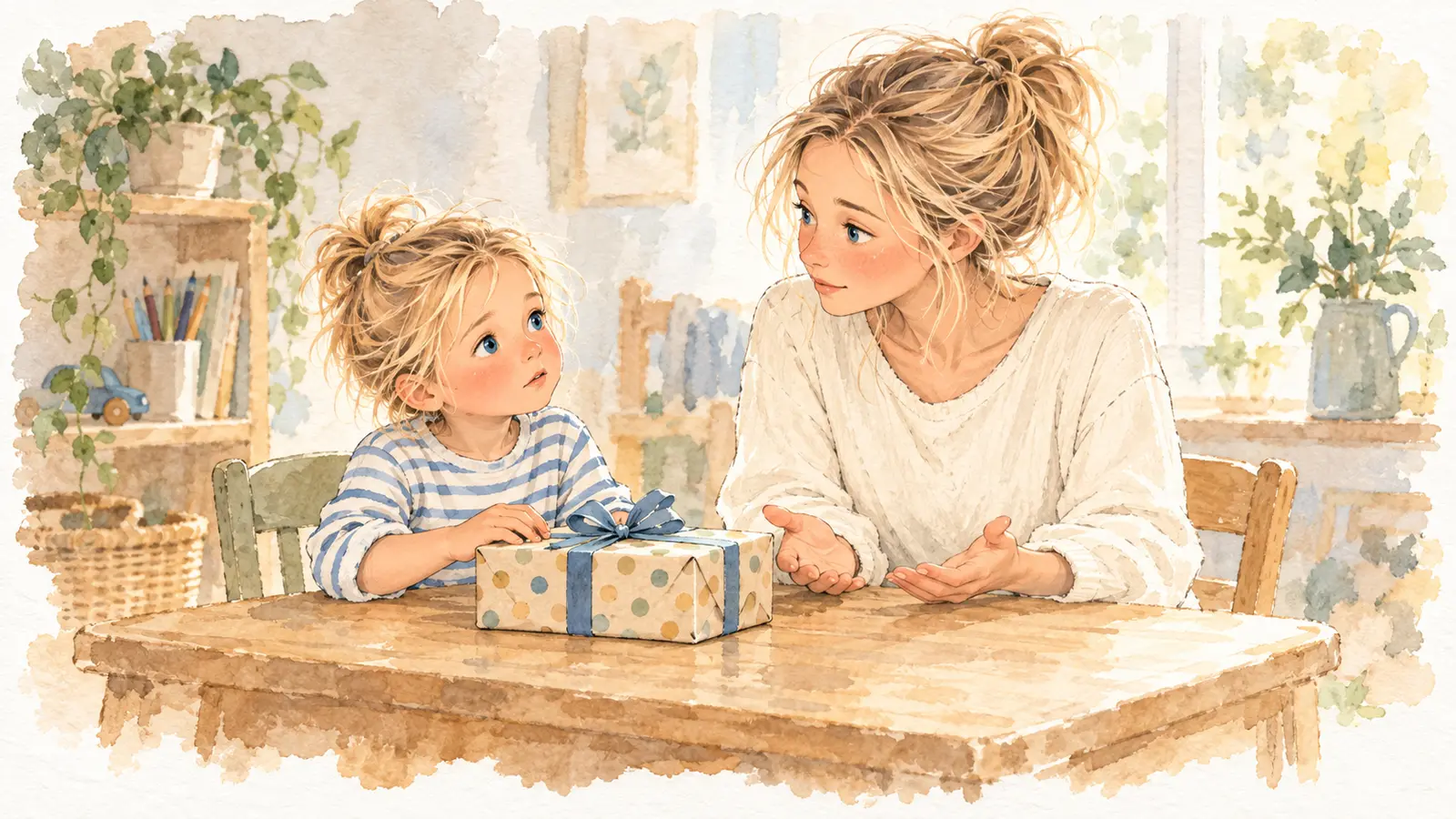 Gabriel regarde Marie avec une question près d’un cadeau fermé ; elle l’écoute, les mains ouvertes.