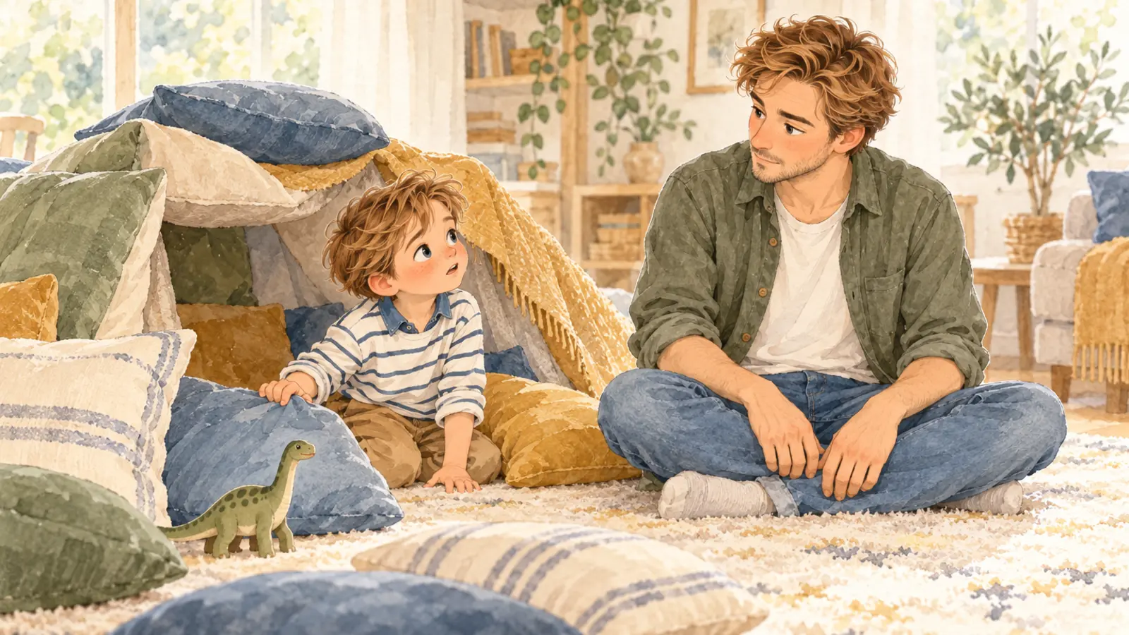 Oscar questionne Julien près d’une maison de coussins et d’un dinosaure ; son père l’écoute, assis sur le tapis.