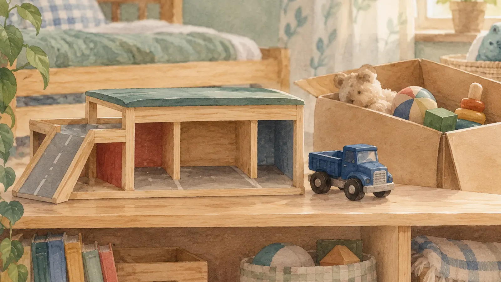Un garage de jouets vide, un camion bleu et un carton de dons ouvert sur une étagère basse.