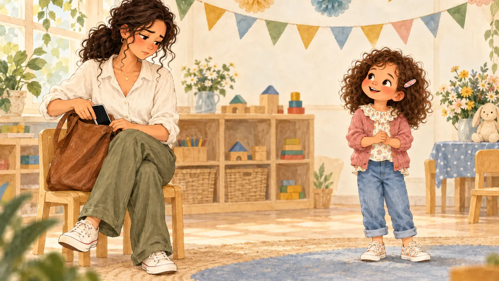 Nora range son téléphone dans son sac pendant qu’Iris chante à la fête de la crèche.