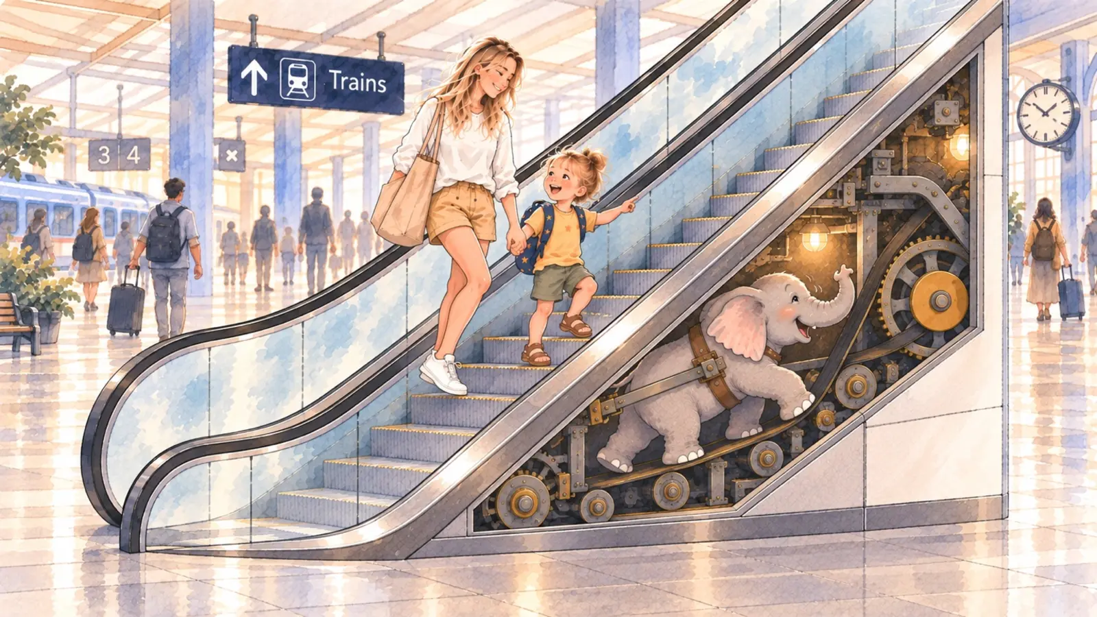 Illustration watercolor d’un enfant et de sa mère dans une gare, avec un éléphant qui fait fonctionner un escalator.