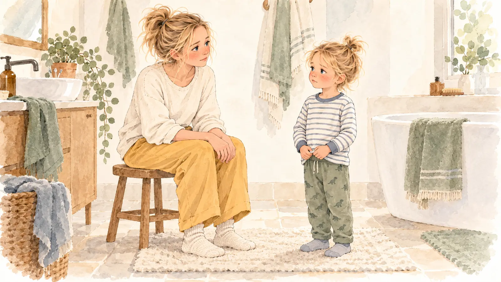 Marie, sérieuse, écoute Gabriel en pyjama dans la salle de bain, les mains posées sur ses genoux.