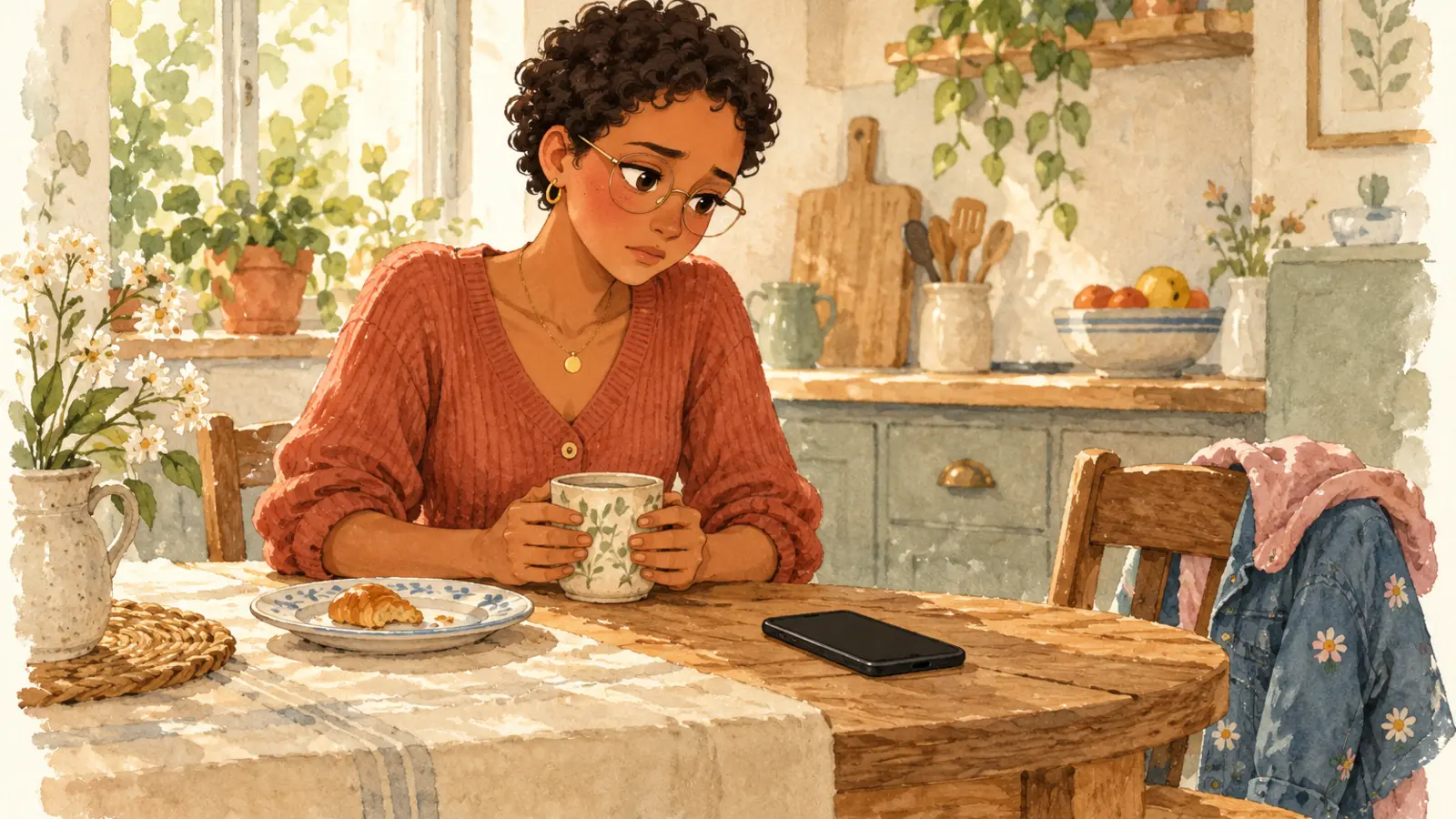 Élodie, préoccupée, tient sa tasse devant une assiette et un téléphone sombre ; une veste d’enfant pend sur la chaise.