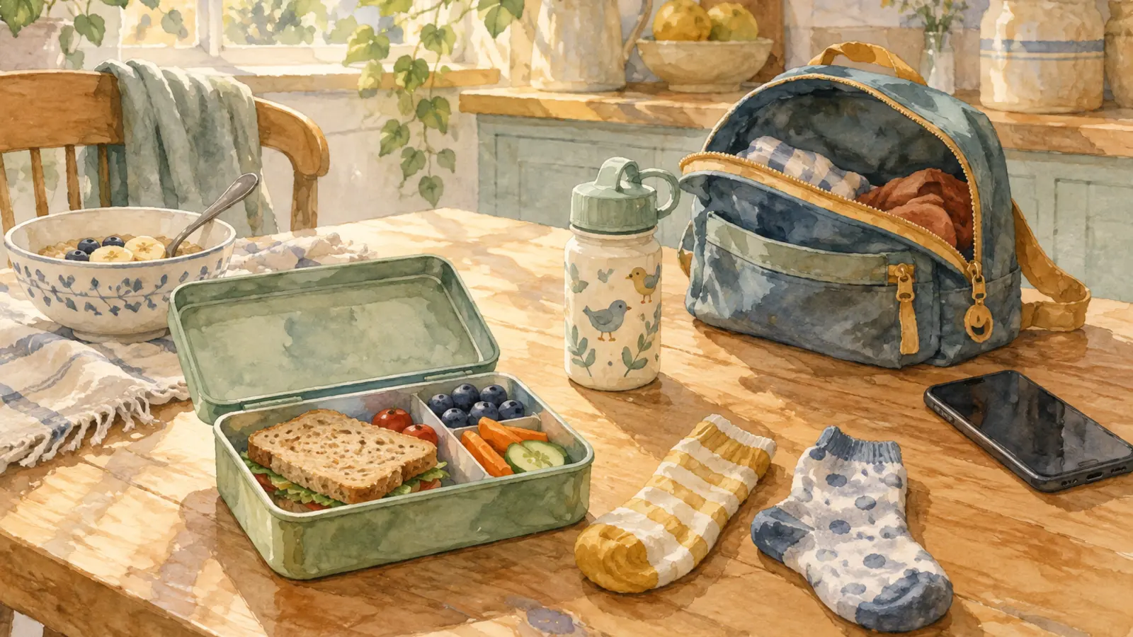 Boîte à déjeuner ouverte, chaussettes dépareillées, gourde et sac attendent sur une table du matin, près d’un téléphone éteint.
