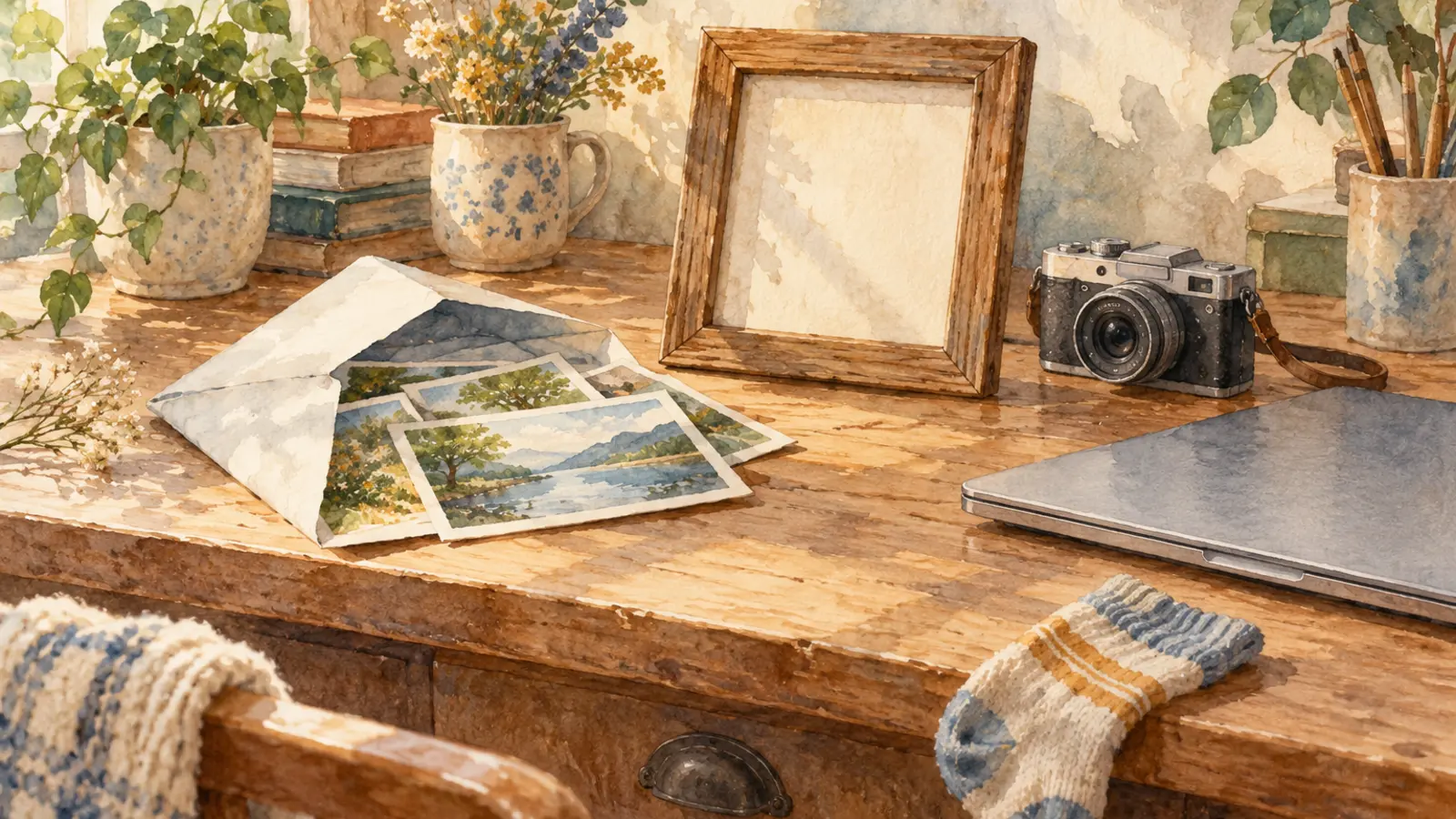 Une enveloppe de photos et un cadre vide sont posés sur un bureau avec un appareil photo et un ordinateur fermé.