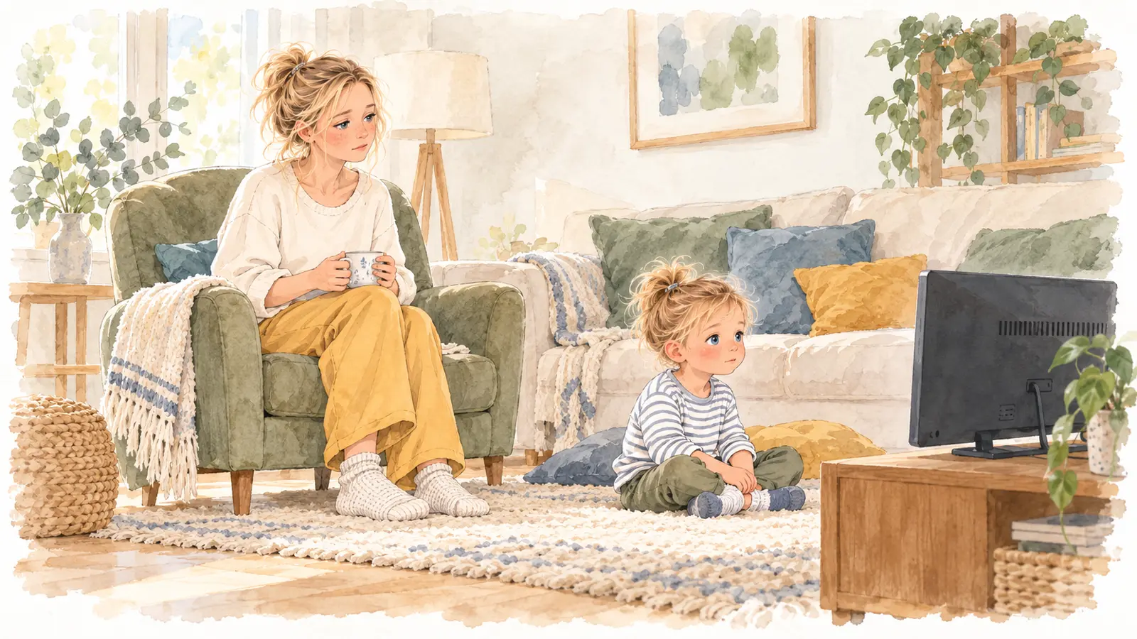 Marie tient une tasse dans son fauteuil pendant que Gabriel regarde un écran vu de dos, tout près d’elle.