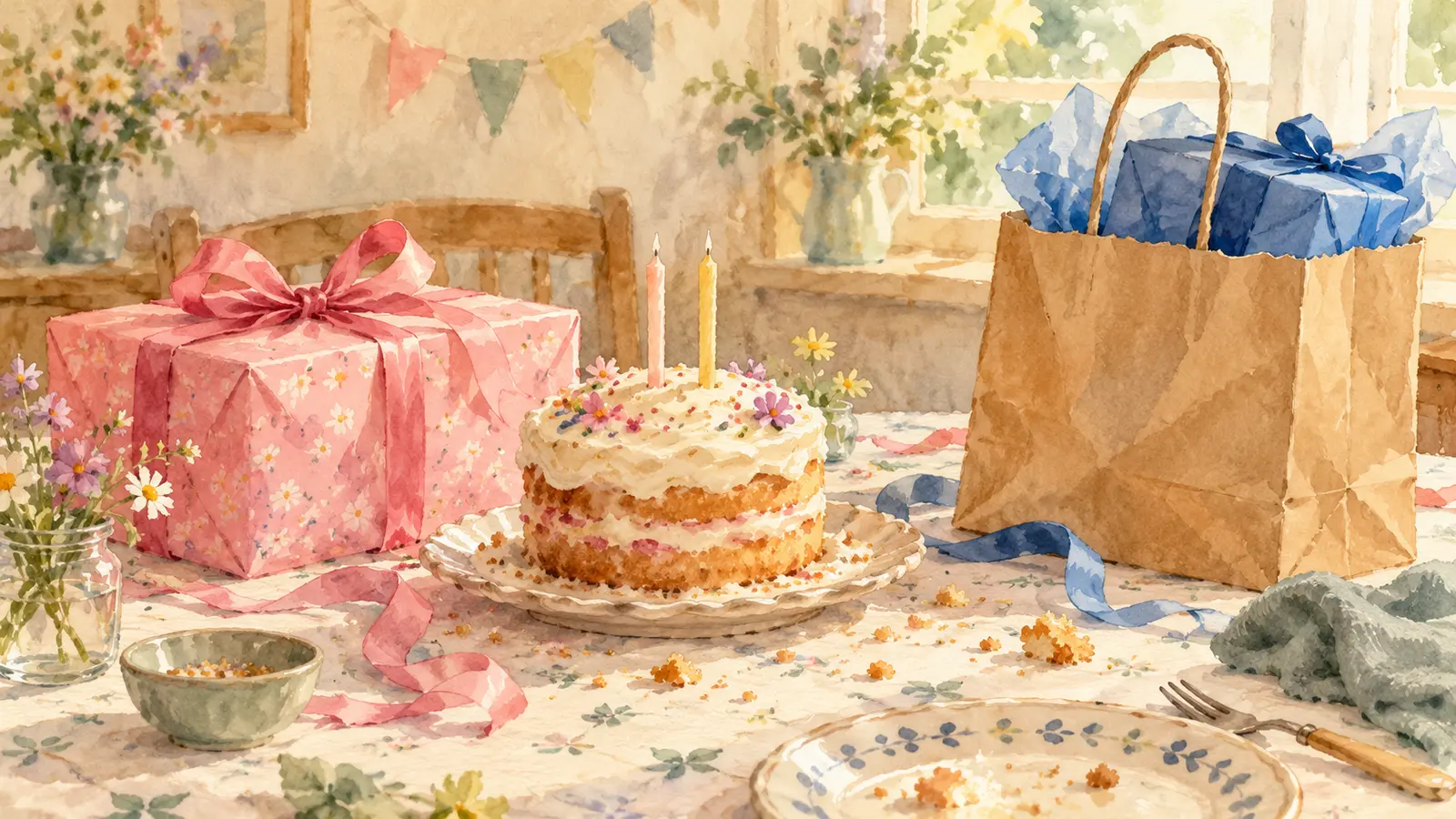 Un gâteau d’anniversaire et un cadeau rose voisinent avec un deuxième paquet bleu dans un sac en papier.
