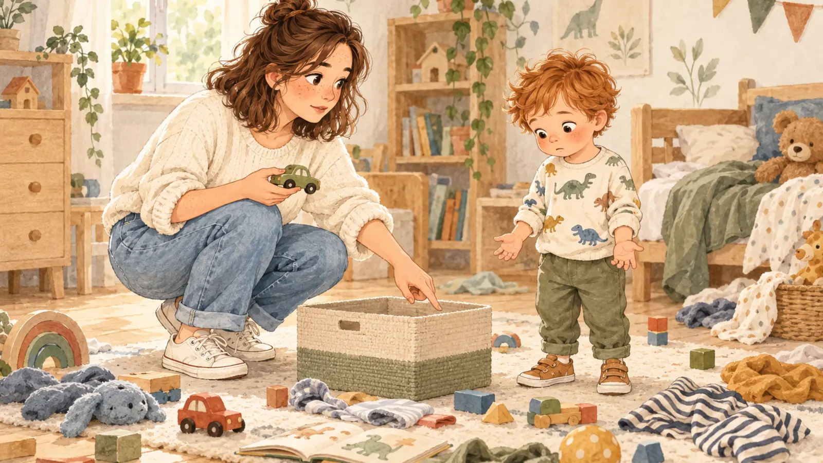 Camille montre une voiture et sa boîte de rangement à Malo, perplexe au milieu des jouets et vêtements de sa chambre.