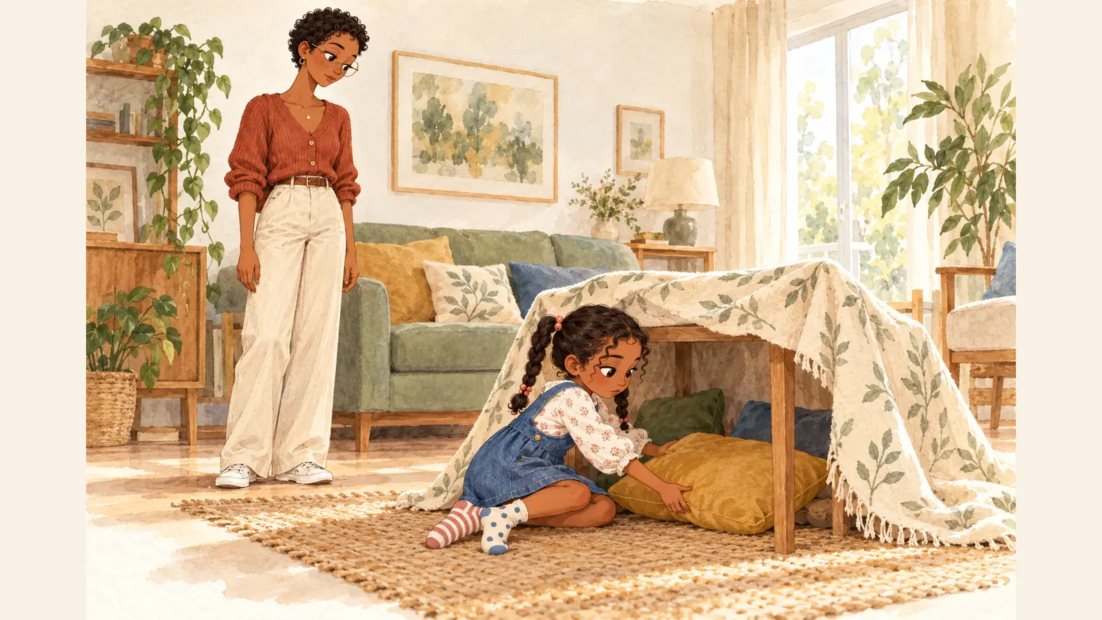 Louise, en chaussettes dépareillées, installe un coussin dans sa cabane de couverture sous le regard attentif d’Élodie.