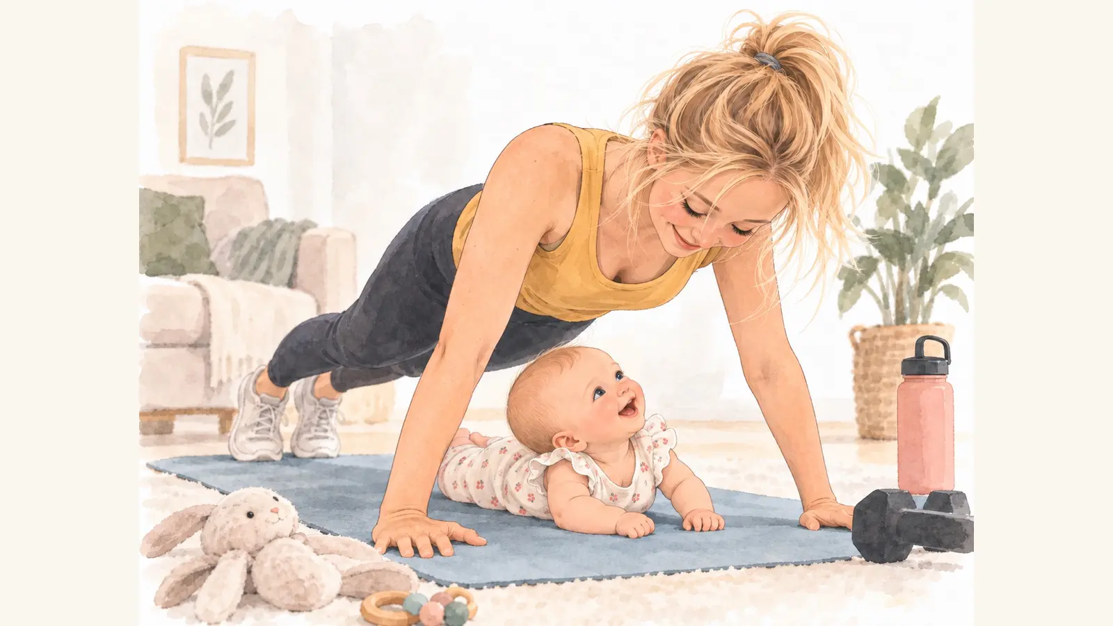 Illustration watercolor de Marie faisant des pompes au-dessus d’Angelina, installée sur un tapis de sport.