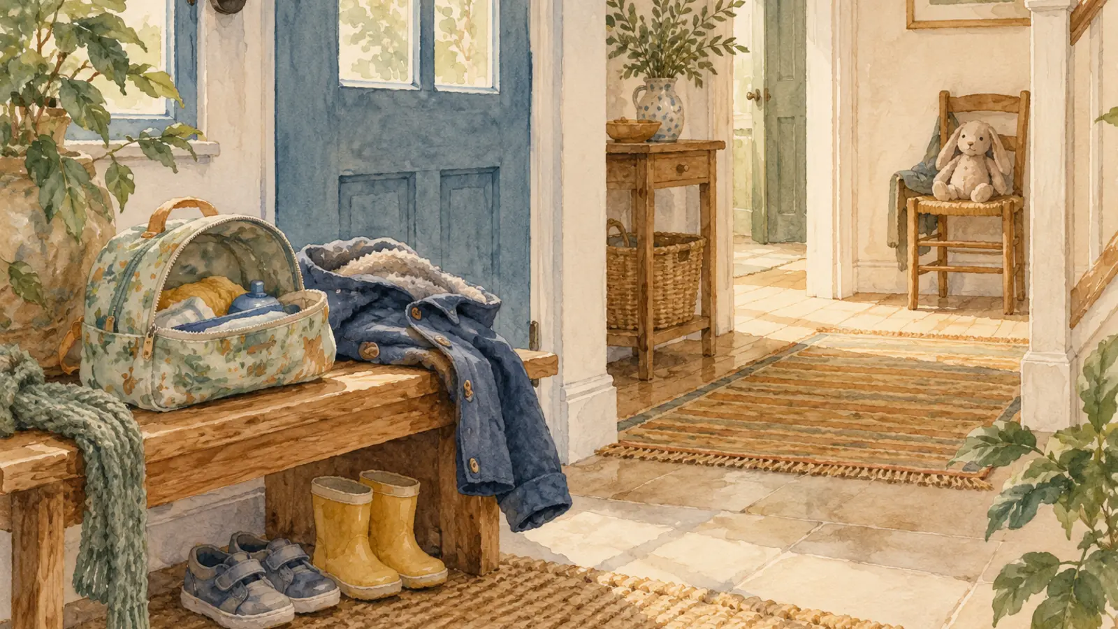 Un sac ouvert et des chaussures attendent dans l’entrée alors qu’un doudou est resté sur une chaise plus loin.