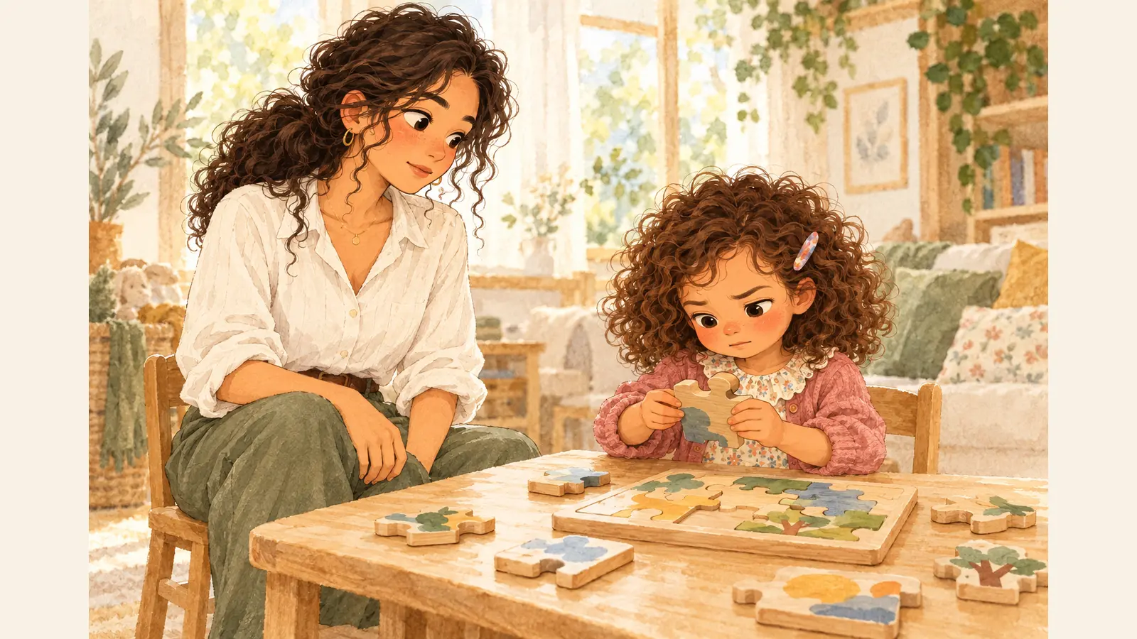 Iris examine une pièce de puzzle avec concentration pendant que Nora attend près d’elle, la main sur son genou.