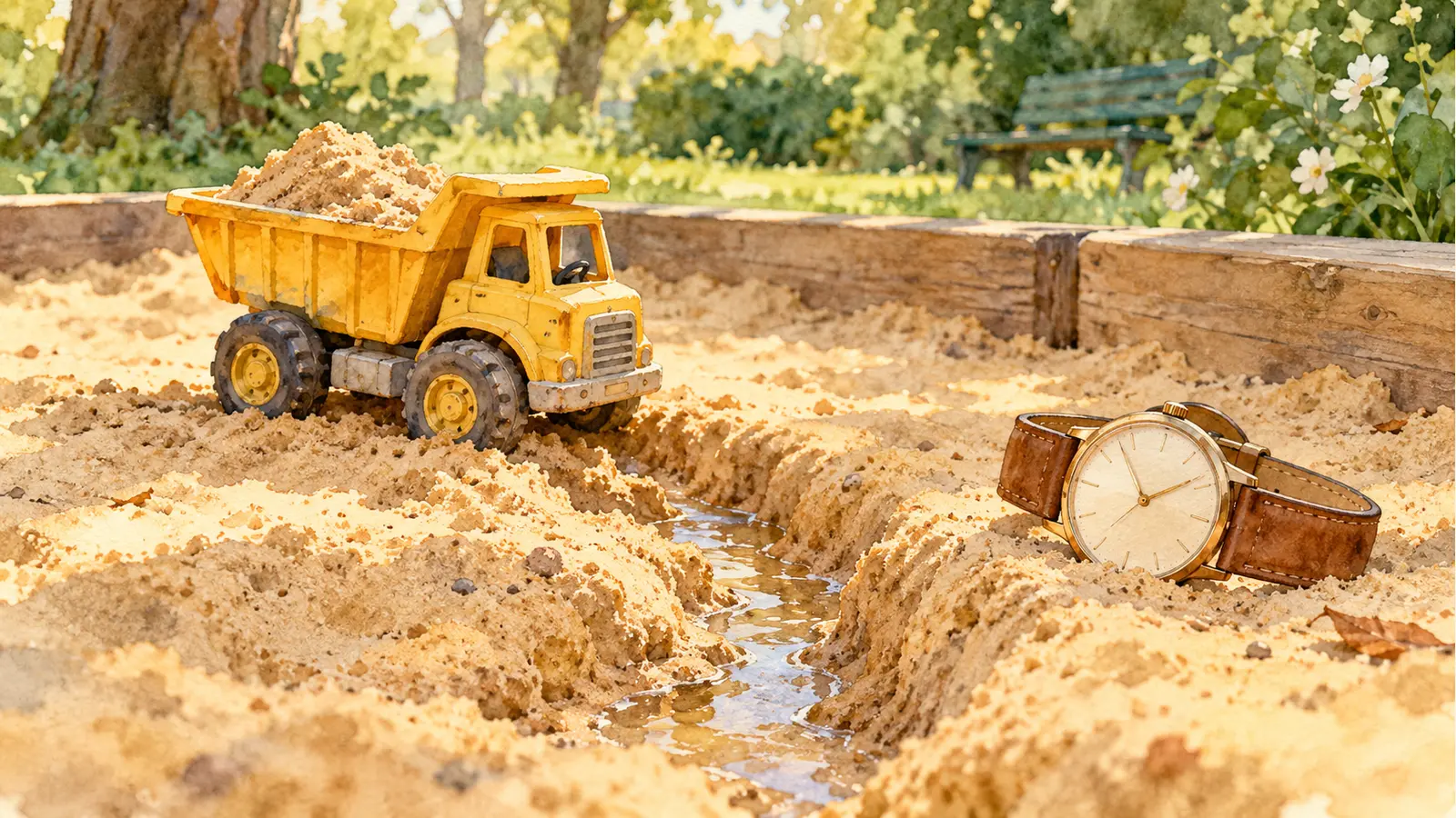 Un petit camion jaune est arrêté près d’une rigole dans le sable, avec une montre d’adulte posée à côté.