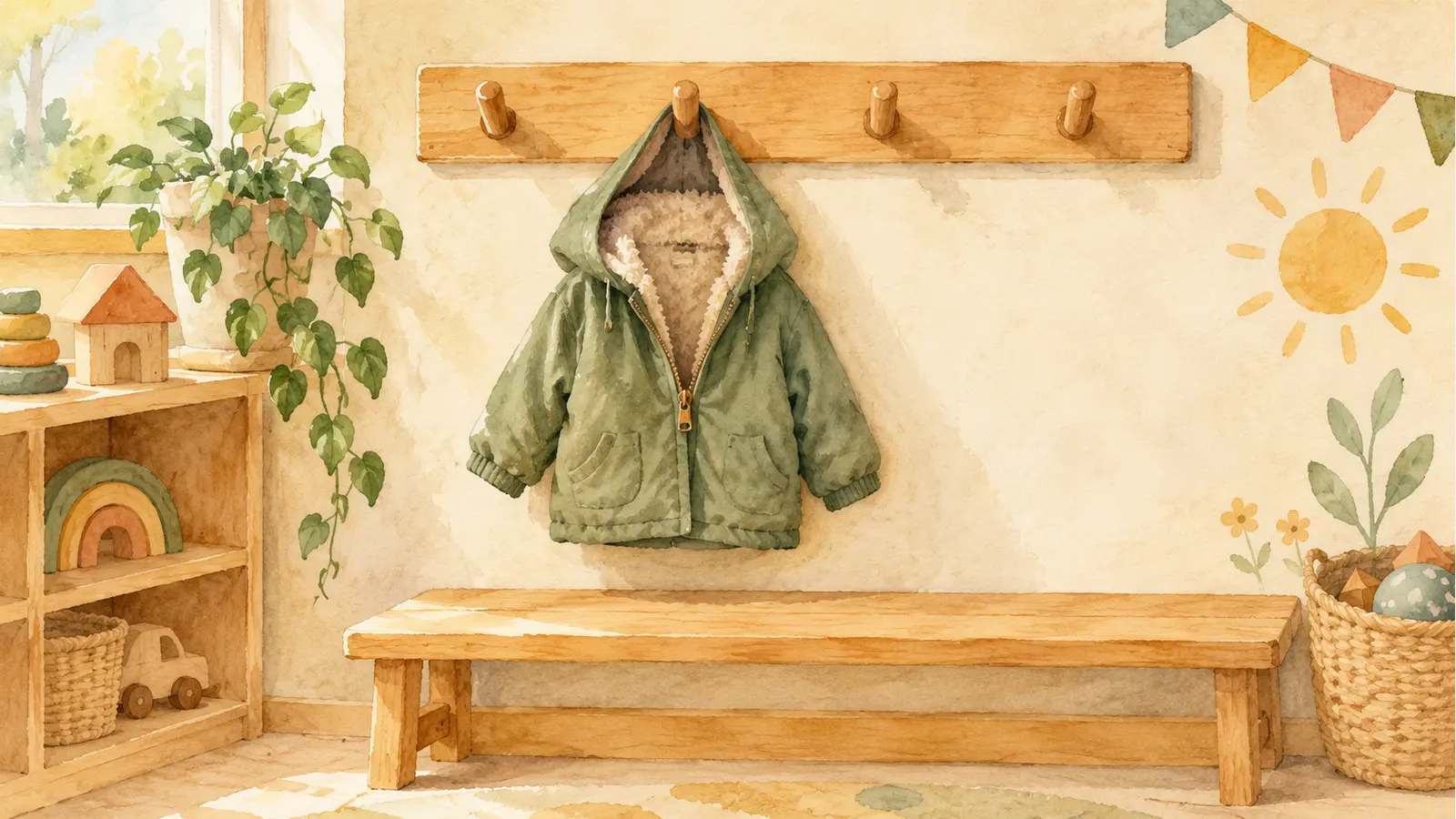 Un petit manteau vert sauge, fermé jusqu’à mi-hauteur, est suspendu à un crochet au-dessus d’un banc de crèche.